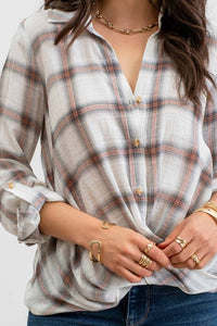 Hattie Casual Plaid Blouse: Ivory/Multi