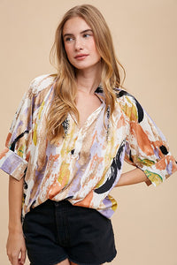 Faith Watercolor Abstract Print Blouse: Taupe/Lilac/ Multi