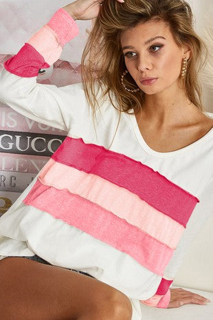 Sweetie Pie Color Block Long Sleeve Top- White/ Pink