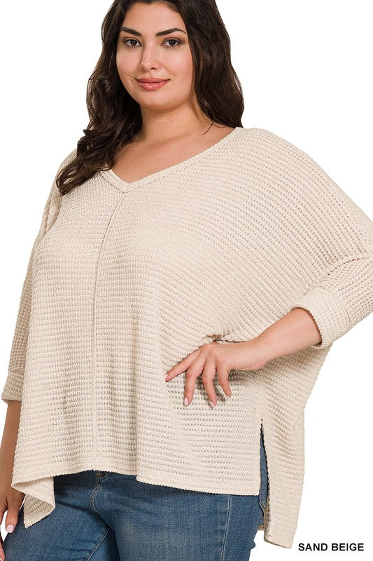 Sammie Plus Size 3/4 Sleeve Light Weight Sweater: Sand Beige