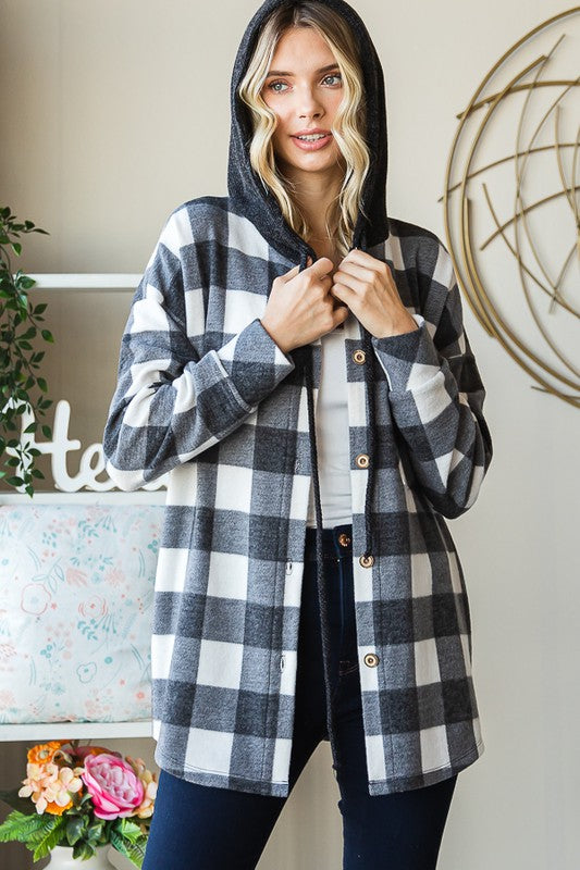 Brennan Plaid Button Down Hoodie: Black/ Ivory