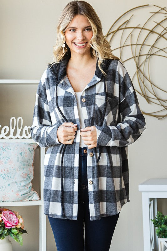 Brennan Plaid Button Down Hoodie: Black/ Ivory