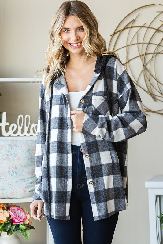 Brennan Plaid Button Down Hoodie: Black/ Ivory