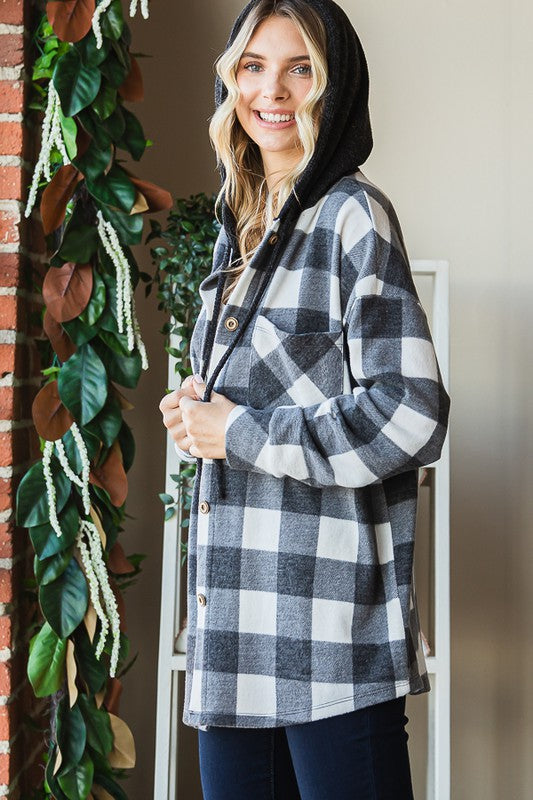 Brennan Plaid Button Down Hoodie: Black/ Ivory