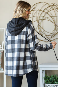 Brennan Plaid Button Down Hoodie: Black/ Ivory