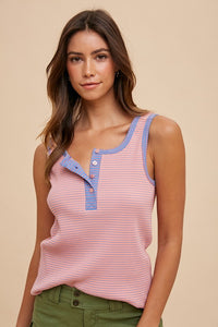Becca Ribbed Henley Tank: Pink/Blue