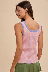 Becca Ribbed Henley Tank: Pink/Blue