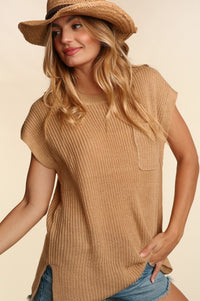 Donna Plus Size Loose Fit Short Sleeve Sweater- Taupe