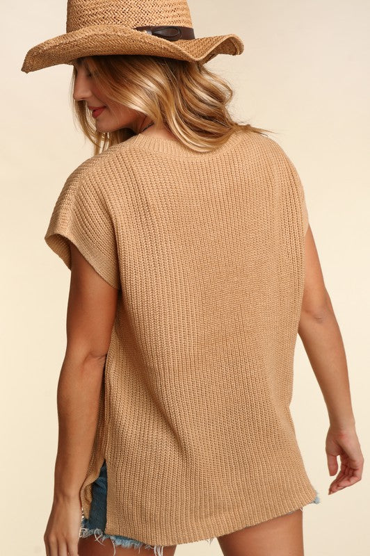 Donna Plus Size Loose Fit Short Sleeve Sweater- Taupe
