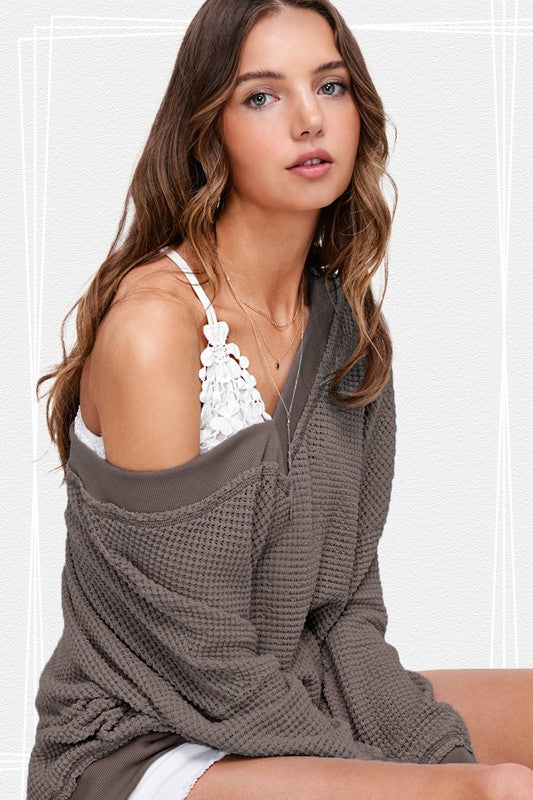 Maddie Loose Fit Waffle Knit Long Sleeve Top: Charcoal