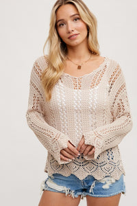 Natalie Scalloped Hem Open Knit Pullover: Oatmeal