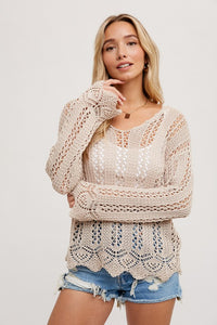 Natalie Scalloped Hem Open Knit Pullover: Oatmeal