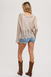 Natalie Scalloped Hem Open Knit Pullover: Oatmeal