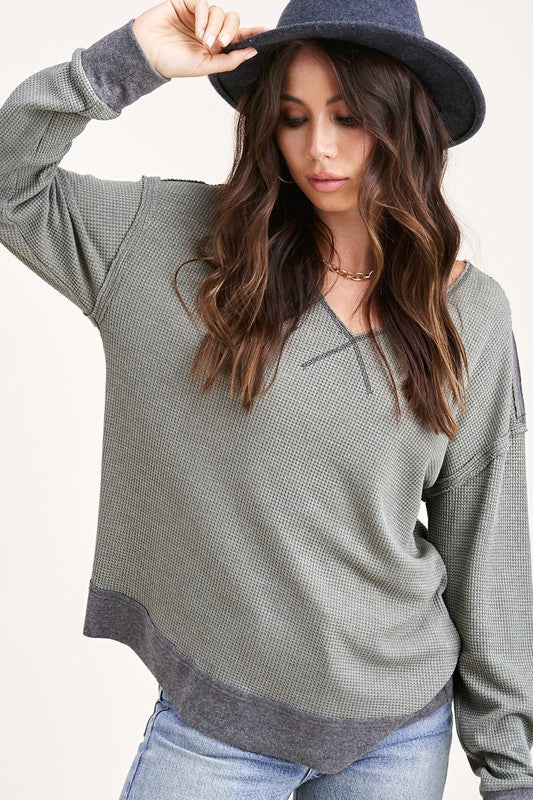 Zoey Soft Slouch V-Neck Waffle Knit Top- Vintage Olive