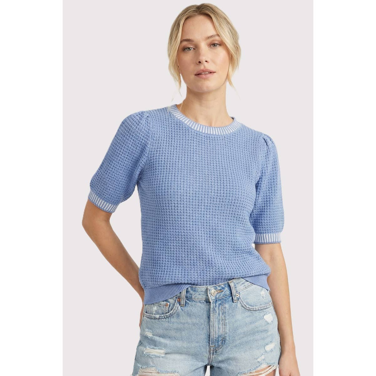 WAFFLE TEXTURED HALF SLEEVE SWEATER: LT MOCHA / S-M-L-XL(2-2-2-1)