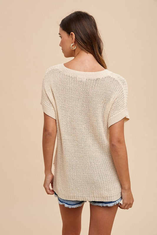 Angie V-Neck Loose Fit Short Sleeve Knit Top: Cream