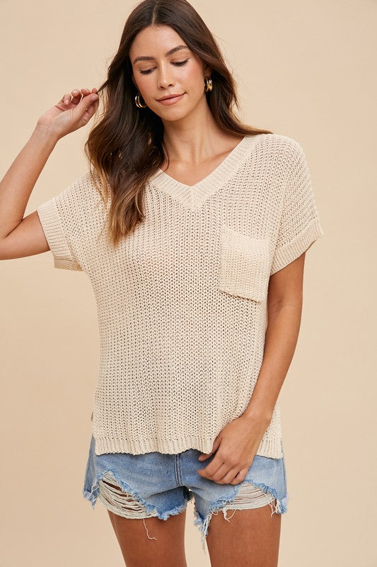 Angie V-Neck Loose Fit Short Sleeve Knit Top: Cream