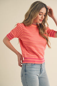 Andrea Striped Short Sleeve Sweater: Hot Pink/ Orange