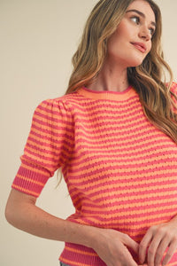 Andrea Striped Short Sleeve Sweater: Hot Pink/ Orange