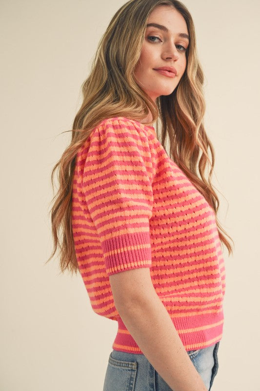 Andrea Striped Short Sleeve Sweater: Hot Pink/ Orange