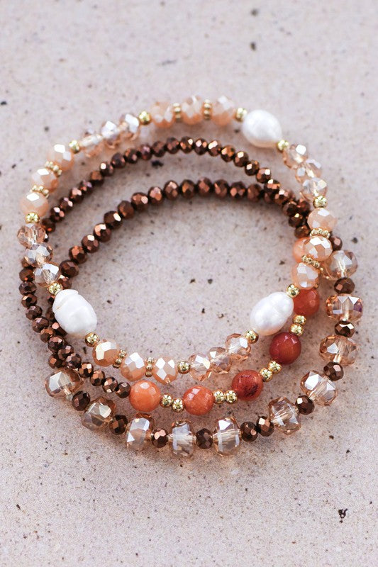 Mixed Bead Stacking Stretch Bracelet Set: Brown