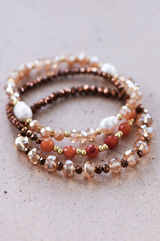 Mixed Bead Stacking Stretch Bracelet Set: Brown