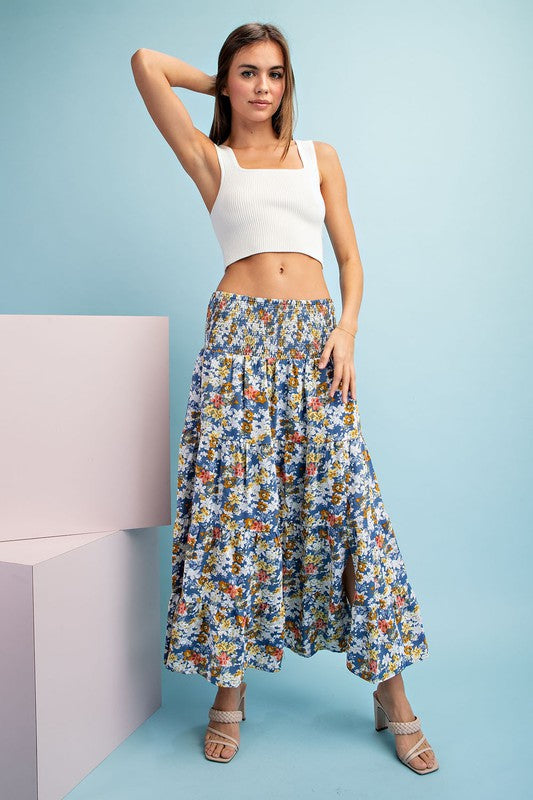 Edith Floral Print Maxi Skirt: Slate Blue