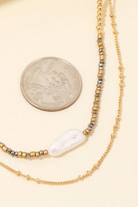 Pearl And Seed Beaded Layered Necklace- Gold