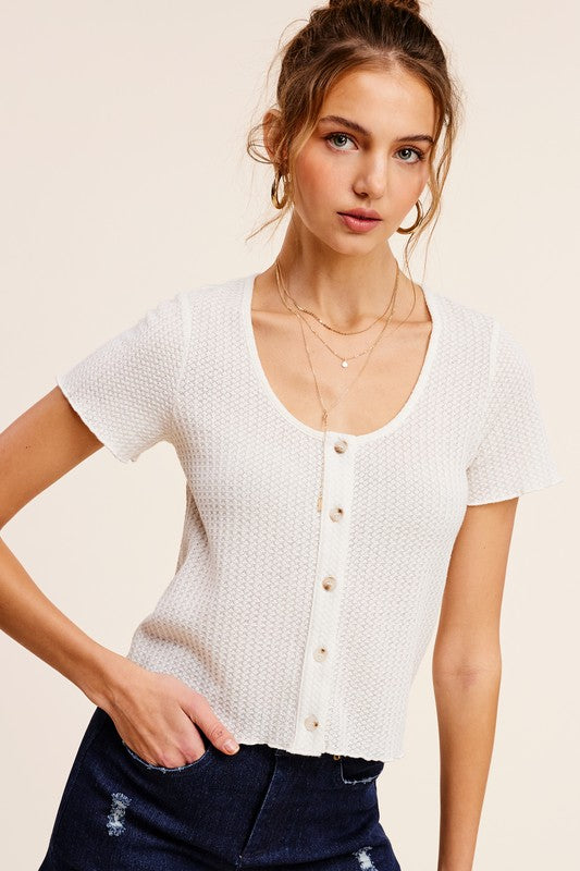Cait Scoop Neck Waffle Knit Short Sleeve Button Down Blouse