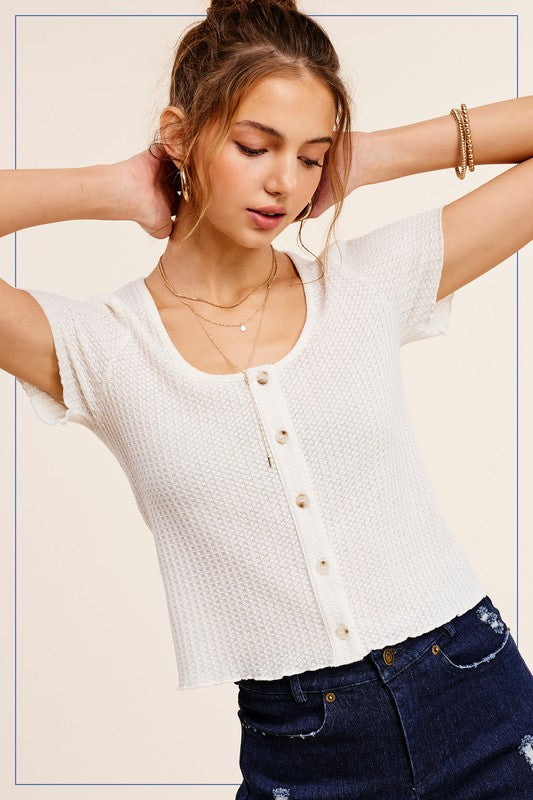 Cait Scoop Neck Waffle Knit Short Sleeve Button Down Blouse