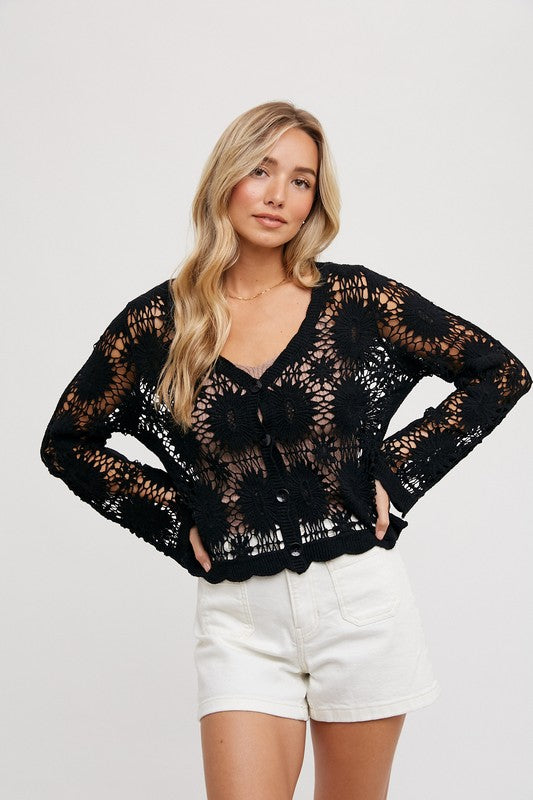 Bo Sheer Crochet Button Down Cardigan: Black