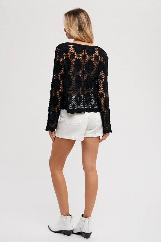 Bo Sheer Crochet Button Down Cardigan: Black