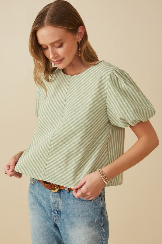 June Womens Linen Like Chevron Striped V Neck Top: Sage