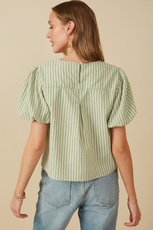 June Womens Linen Like Chevron Striped V Neck Top: Sage