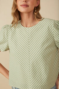 June Womens Linen Like Chevron Striped V Neck Top: Sage