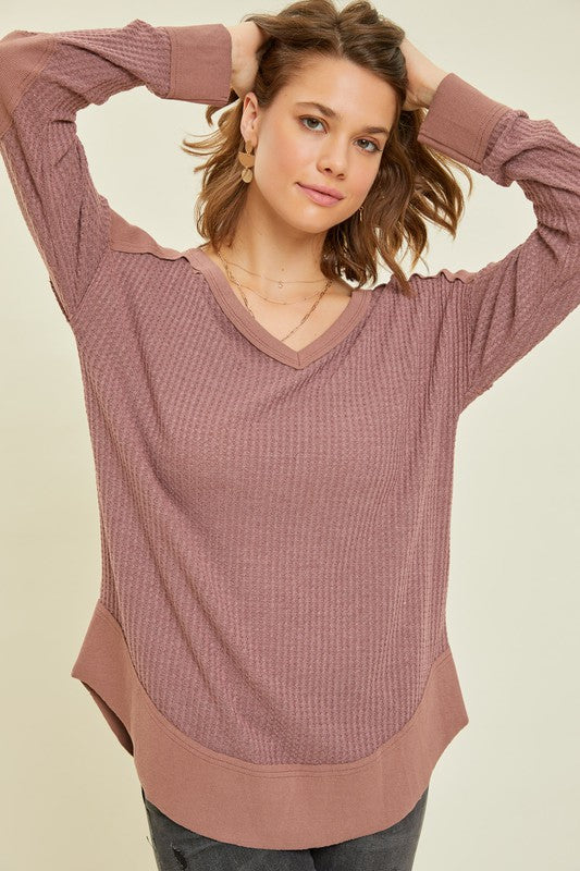 Deena Thermal Layering V-Neck Long Sleeve Top- Plum