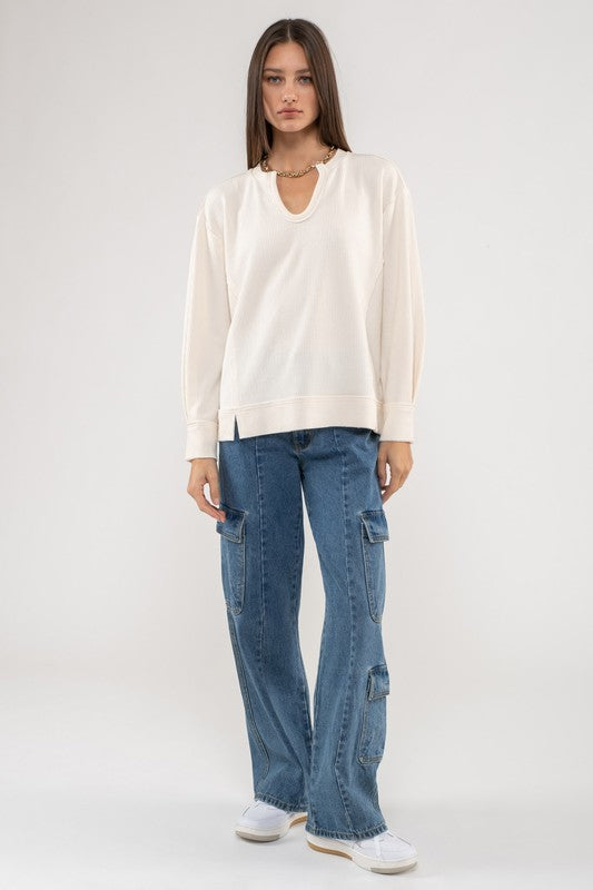 Evie Raw Edge Split Neck Long Sleeve Top: Cream