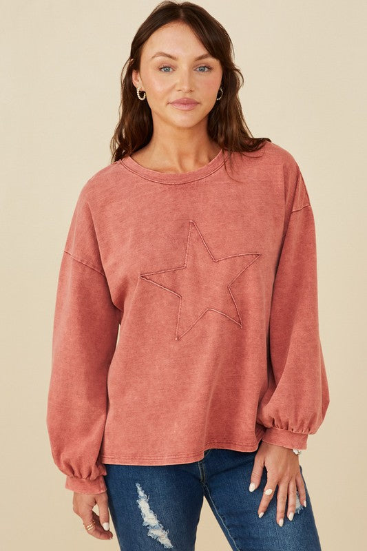 Womens Vintage Star Patch Washed Sweatshirt: Red