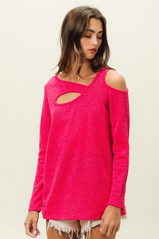 Sugar N Spice Cut Out Long Sleeve Top- Hot Pink
