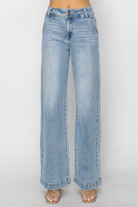 Risen High Rise Double Button Wide Leg Trouser Hem Jean-Light Jeans