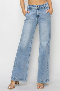 Risen High Rise Double Button Wide Leg Trouser Hem Jean-Light Jeans