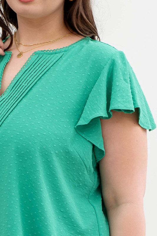 Raquel Swiss Dot Ruffle Sleeve Plus Size Blouse- Kelly Green