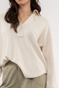 Tess Spilt Neck Collard Long Sleeve Top: Oatmal