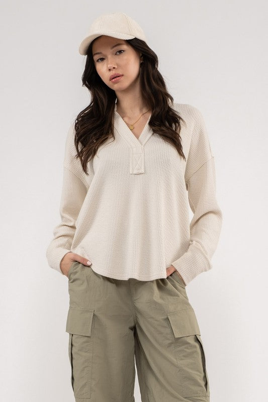 Tess Spilt Neck Collard Long Sleeve Top: Oatmal