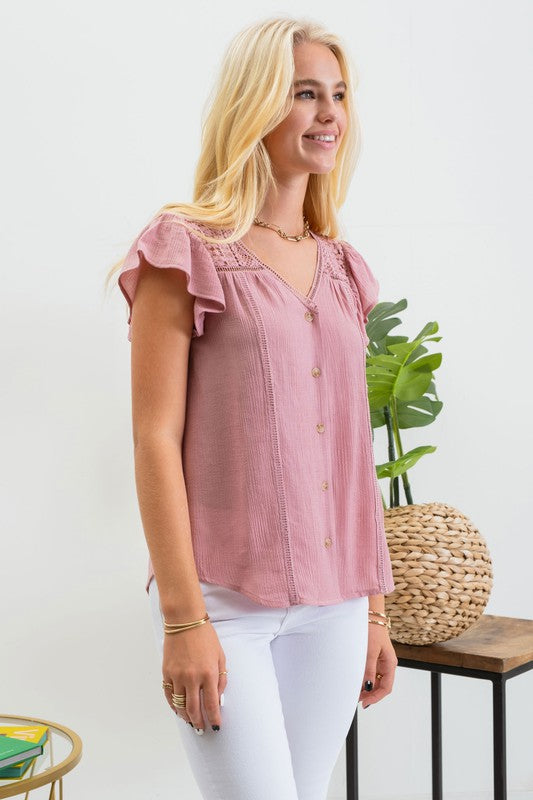 Willow Ruffle Sleeve Button and Lace Short Sleeve Blouse