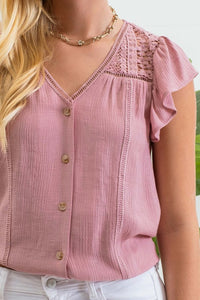 Willow Ruffle Sleeve Button and Lace Short Sleeve Blouse