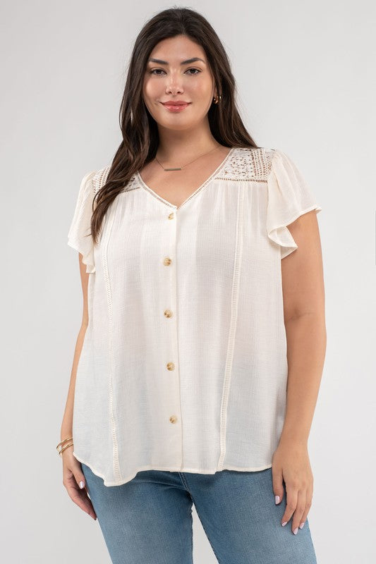 Willow Plus Size Ruffle Sleeve Button and Lace Short Sleeve Blouse: Ivory