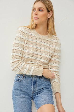 Mindy Crochet Stripe Pullover Sweater- Taupe