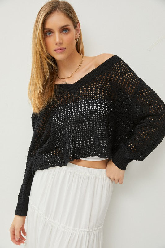 Emmersyn Slouchy Crochet Sweater Cover Up Top- Black