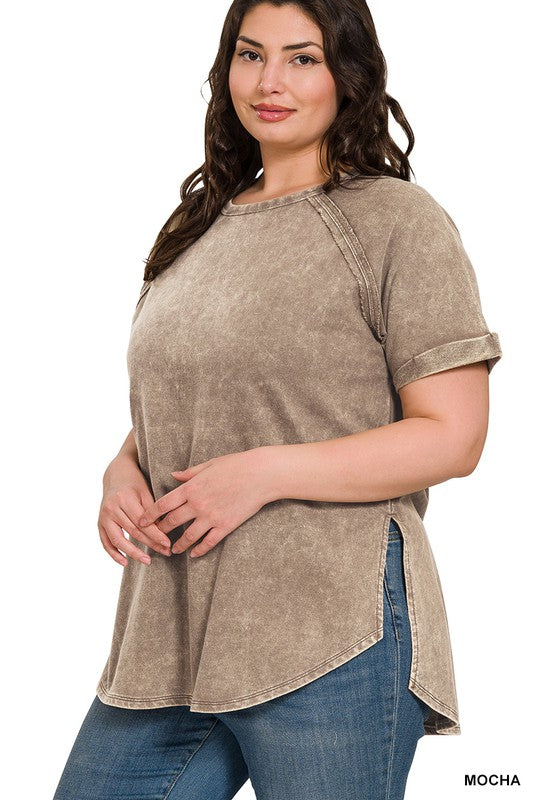 Kelsea  Plus Size French Terry Vintage Wash Short Cuffed Sleeve Top